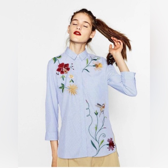 Zara Tops - Zara Embroidered Button Up Shirt Blue White Stripe Floral Bird Size Small